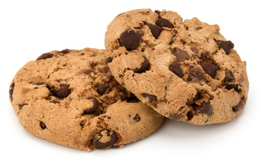 Two Chocolate chip cookies isolated on white background. Sweet biscuits. Homemade pastry.