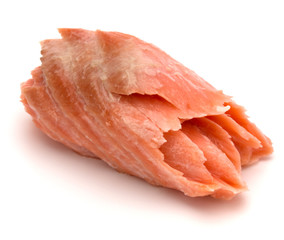 smoked salmon segments isolated on white background cutout. Prepared fish fillet fibres.