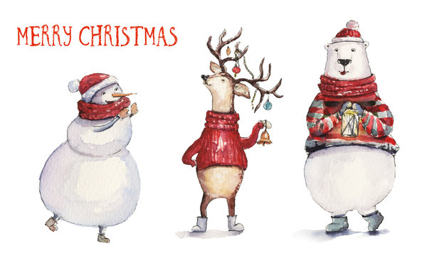 Watercolor Christmas illustration with snowman, holiday deer and colorful bear. Christmas cards. Winter design. Merry Christmas!