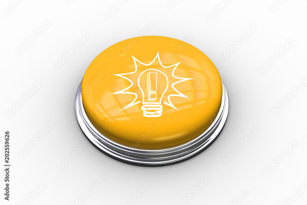 Poster composite image of light bulb with exclamation mark graphic on shiny yellow push button