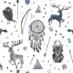 Arrière-plan tribal dessiné à la main, motif ethnique sans couture avec animaux et capteur de rêves