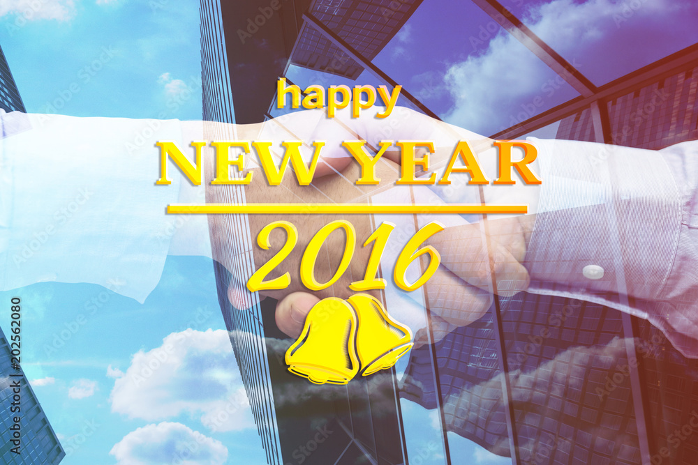 Aufkleber happy new year message against composite image of hand shake in front of wires