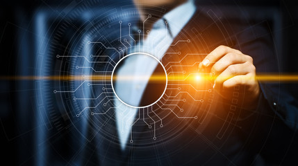 Businessman pressing button. Innovation technology internet business concept. Space for text