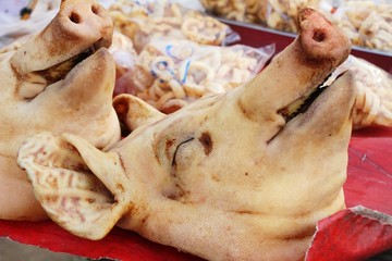 Pig head in asia at the market