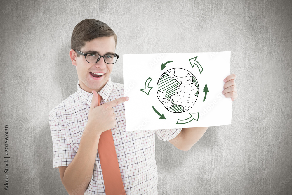 Poster geeky hipster smiling and showing card against white background