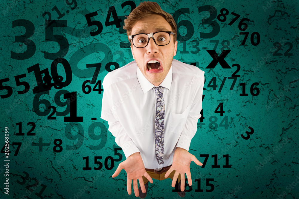 Poster geeky businessman gesturing to camera against green background with vignette