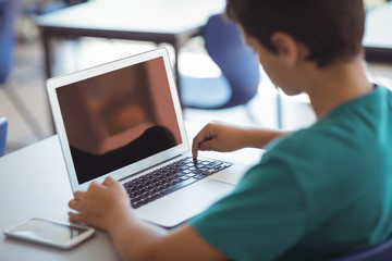 Schoolboy using laptop in classroom