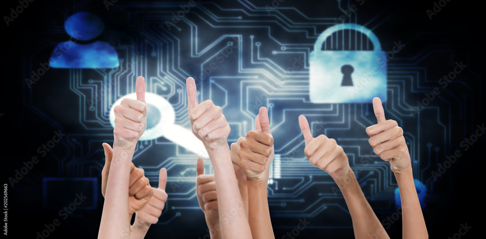 Poster thumbs raised and hands up against computing icons on technical background
