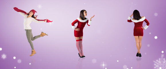 Fototapeta na wymiar Composite image of different pretty girls in santa outfit against purple vignette