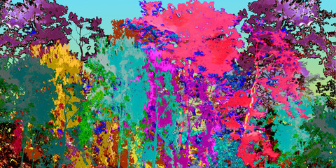 Digital painting texture  colorful of  big tree in  deep forest