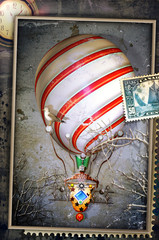 Vintage postcard, stamp and collage with hot air balloon