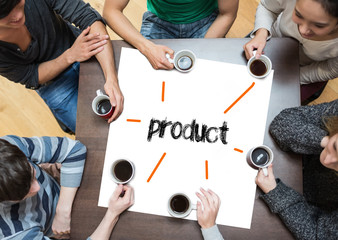 The word product on page with people sitting around table drinking coffee