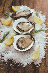 fresh just opened oysters and slice of lemon on rustic wooden background
