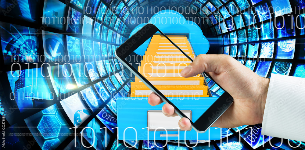 Poster hand holding smartphone against composite image of cloud computing drawer