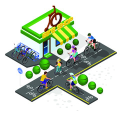set of bicycle infrastructure. Velo tracks, bicycling, bicycle shop. Isometry 3d
