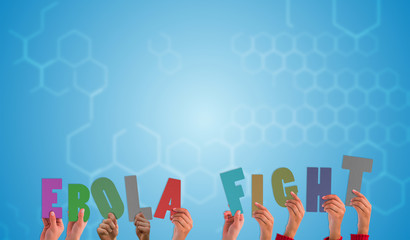 Hands holding up against chemical structure in blue and white