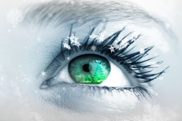 Composite image of close up of female eye with snow falling