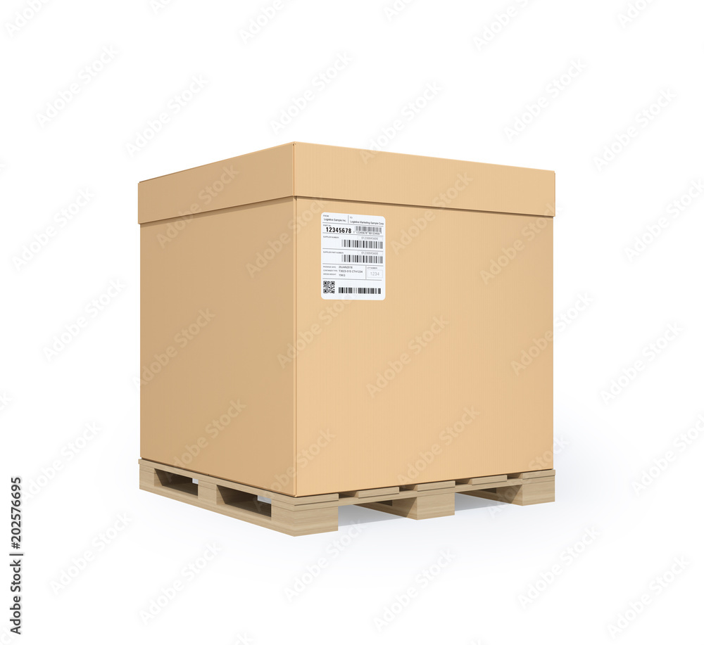 Poster container carton box on wooden pallet. isolated on white background. 3d rendering image.