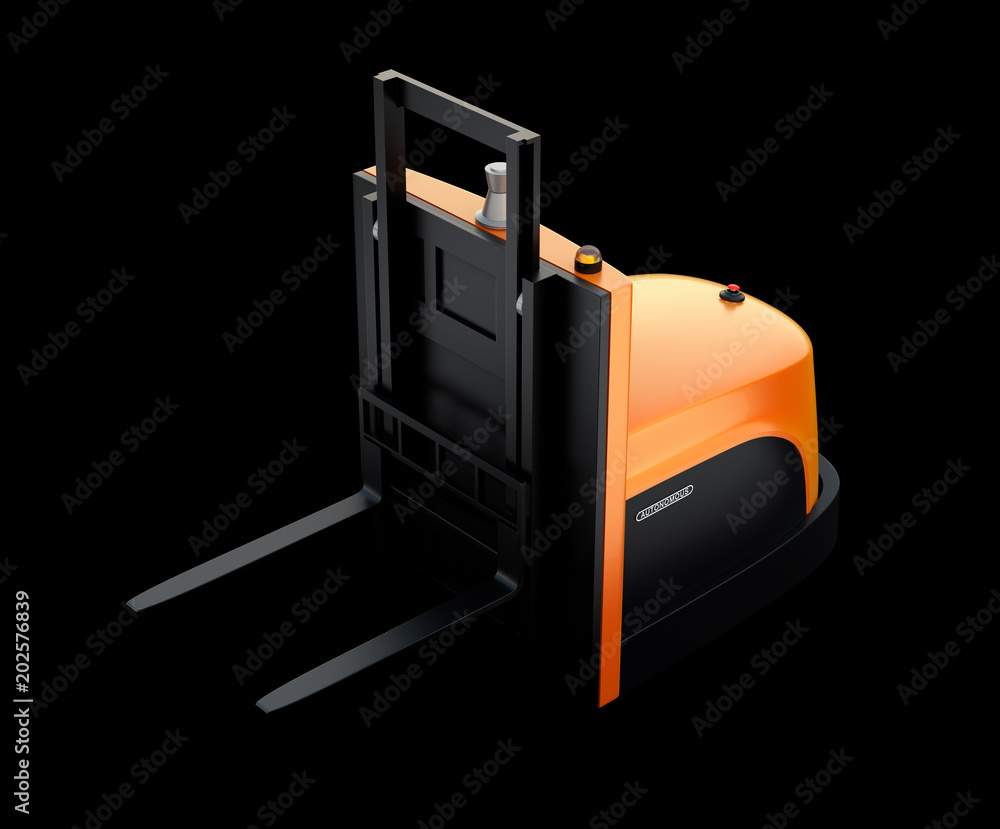 Poster autonomous forklift isolated on black background. 3d rendering image.