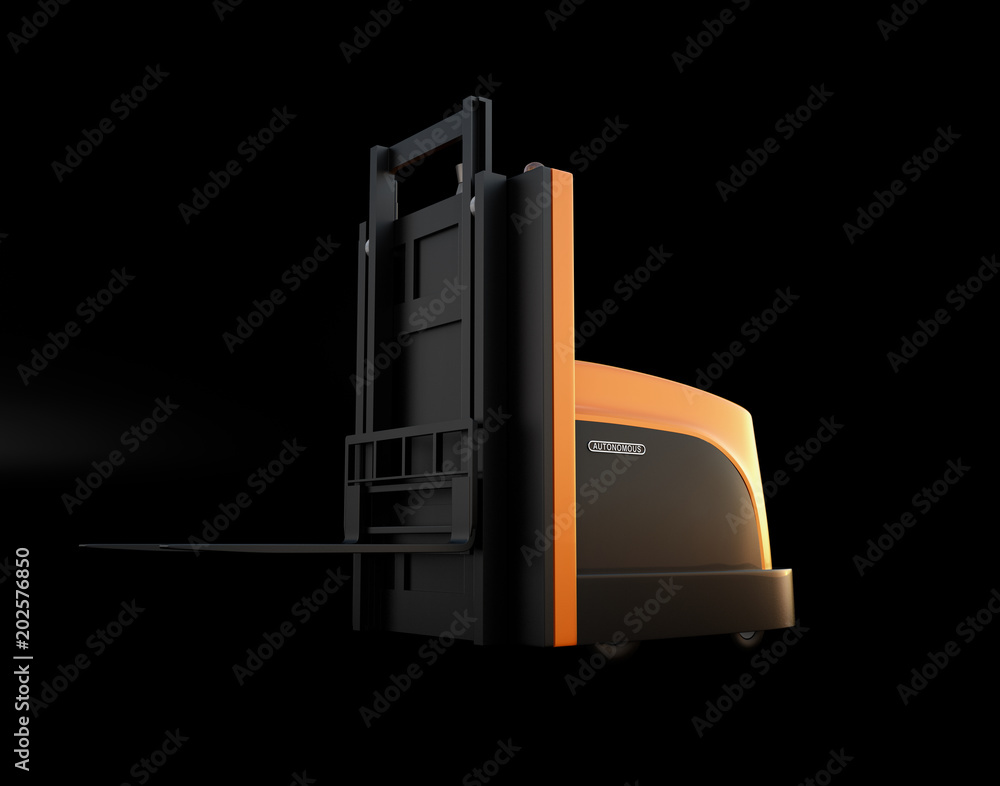 Poster autonomous forklift isolated on black background. 3d rendering image.