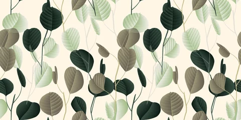 Schilderijen op glas Seamless pattern, vintage green and brown silver dollar eucalyptus leaves with flowers on light brown background © momosama