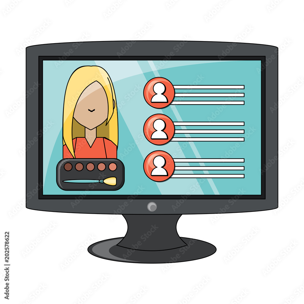 Poster monitor computer with web profile on screen over white background, vector illustration
