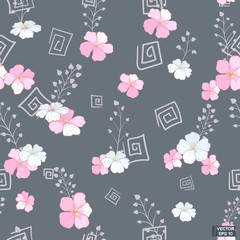 Seamless pink flowers, grey background.