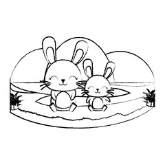 sketch of cute rabbits on the grass over white background, vector illustration