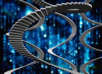 Winding stairs against digitally generated black and blue matrix