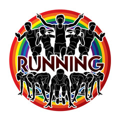 People running, Marathon Runner with text Running designed on rainbows background graphic vector
