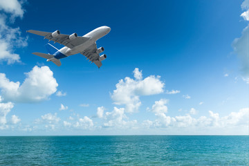 Naklejka na ściany i meble Flight of a passenger plane by the sea.