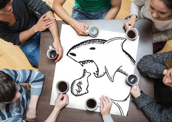 People sitting around table drinking coffee with page showing loan shark doodle