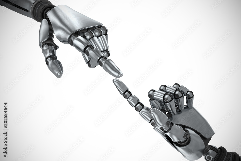 Aufkleber silver robot arm pointing at something against robotic arm gesturing on white background