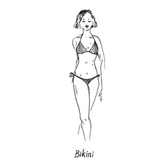 Portrait of sexy retro pin up girl in bikini type of swimsuit with inscription, hand drawn outline doodle, sketch in pop art style, black and white vector illustration