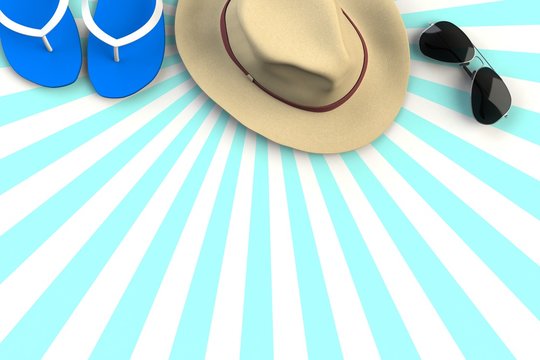Beach accessories on striped blue background, Summer vacation concept, 3D rendering