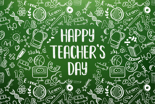 Happy teachers day greeting on school realistic green chalkboard. Doodle icons frame - education symbols. Retro design. Vector illustration. Card, poster, horizontal web banner