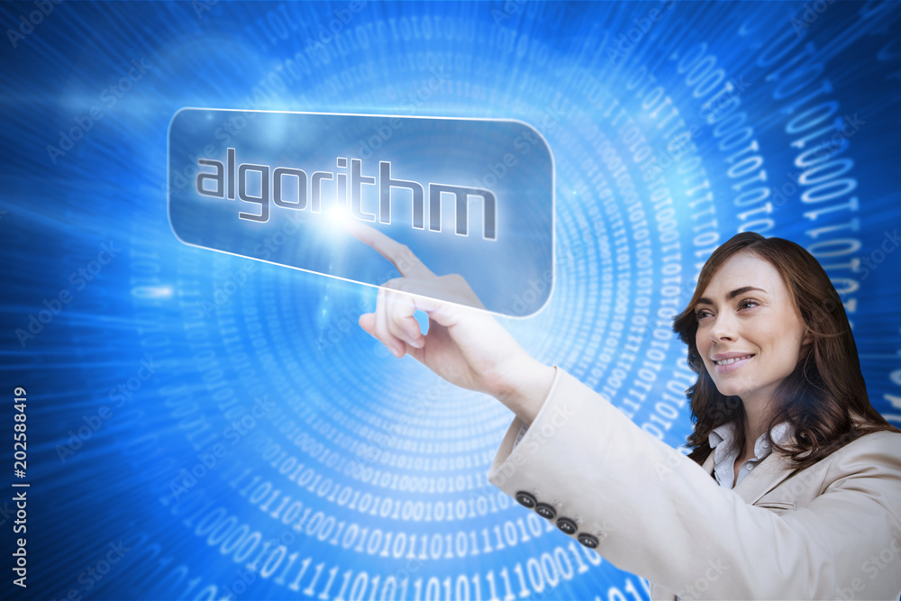 Aufkleber businesswoman pointing to word algorithm against glowing futuristic binary code spiral