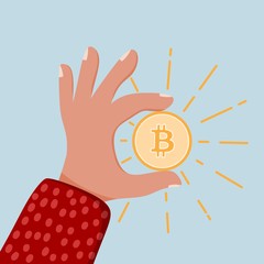 Color image of a male hand with bitcoin. Concepts of crypto-currencies. Vector illustration