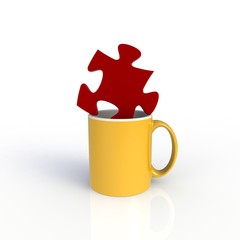 Jigsaw with yellow coffee cup isolated on white background. Mock up Template for application design. Exhibition equipment. Set template for the placement of the logo. 3D rendering.