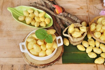 boiled ginkgo nuts delicious on wood background