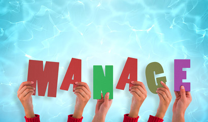 Hands holding up manage against blue pool under bright light