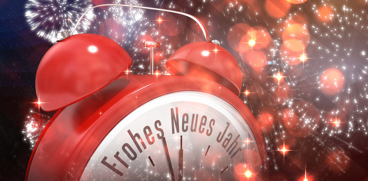Frohes neues jahr in red alarm clock against white fireworks exploding on black background