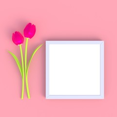 Pink flower with blank white picture frame abstract minimal pink background, Nature concept, 3d rendering