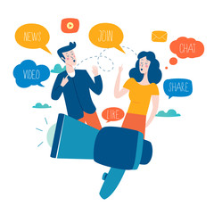 Social media, networking, chatting, texting, communication, online community, posts, comments, news flat vector illustration. People with speech bubbles. Design for mobile and web graphics