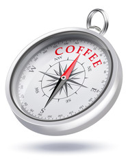 Direction to Coffee Conceptual Compass. Realistic vector 3d illustration