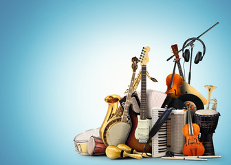 Musical instruments, orchestra or a collage of music - obrazy, fototapety, plakaty