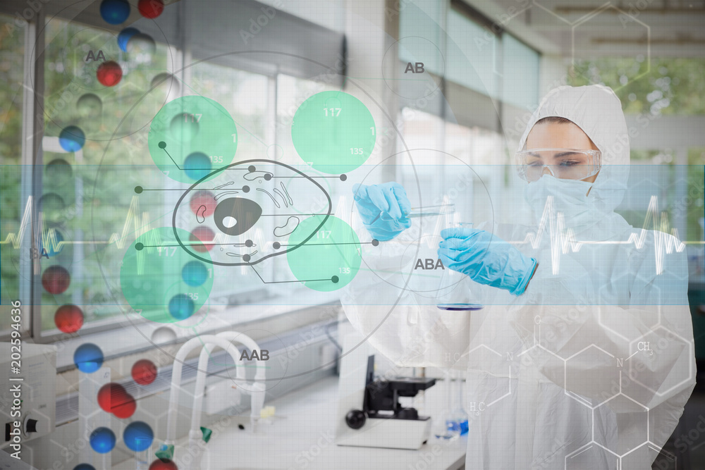 Poster scientist in protective suit working with green cell diagram interface against dna helix in blue and