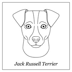 Isolated black outline head of jack russell terrier on white background. Line cartoon breed dog portrait.