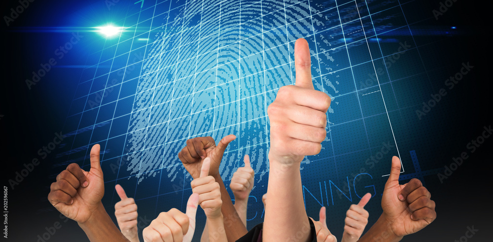 Poster hands showing thumbs up against digital security finger print scan