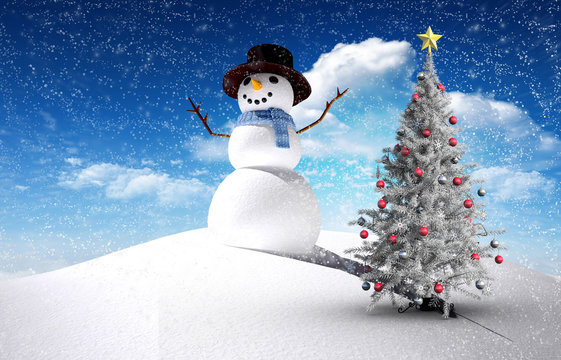 Composite image of christmas tree and snowman against snowy landscape under blue sky